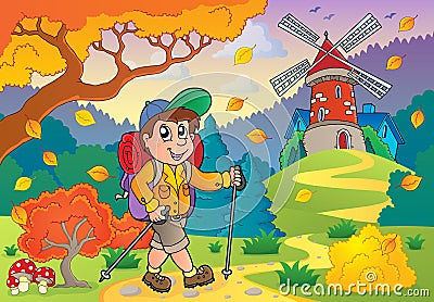 Hiker walking on path near windmill Vector Illustration