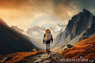 Hiker walking to mountains Stock Photo