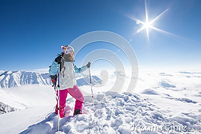 Hiker in winter Causasus mountains, Gudauri, Georgia Stock Photo