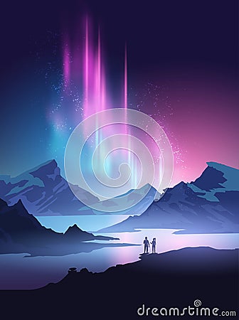 Hikers Admiring A View Of The Northern Lights and Beautiful Mountains Vector Illustration