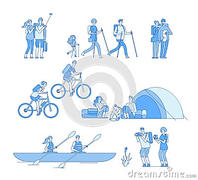 Hikers characters. Friends campfire travel tourist group hiking riding bike boat rafting trekking family explore nature Vector Illustration