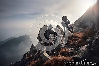 Hikers climbing on mountain. Help, risk and support concept. Neural network generated picture Stock Photo