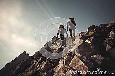 Hikers climbing on mountain. Help, risk and support concept. Neural network generated picture Stock Photo