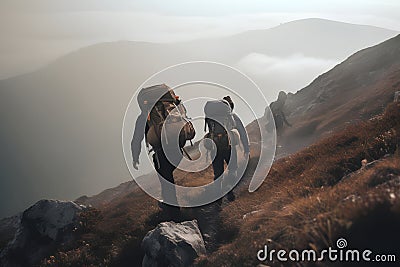 Hikers climbing on mountain. Help, risk and support concept. Neural network generated picture Stock Photo