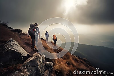 Hikers climbing on mountain. Help, risk and support concept. Neural network generated picture Stock Photo