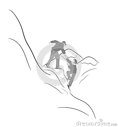 Hikers climbing on rock, mountain, one of them giving hand and helping to climb. Help, support, assistance in a dangerous situatio Vector Illustration