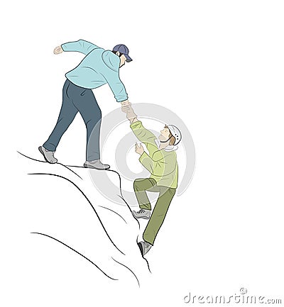 Hikers climbing on rock, mountain, one of them giving hand Vector Illustration