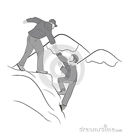 Hikers climbing on rock, mountain, one of them giving hand Vector Illustration
