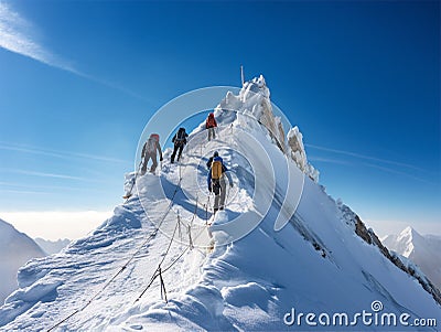 Hikers climbing up snow mountain Stock Photo