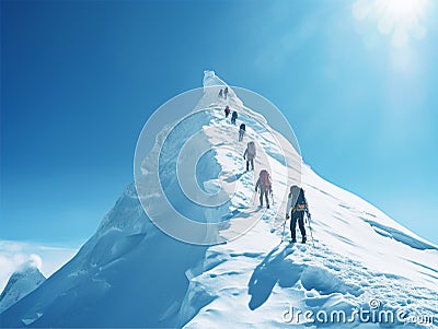 Hikers climbing up a steep snow mountain Stock Photo