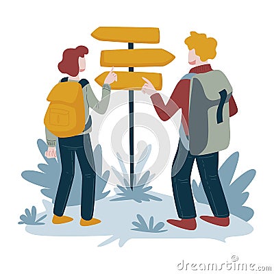 Hikers and direction pointer, man and woman backpacking Vector Illustration