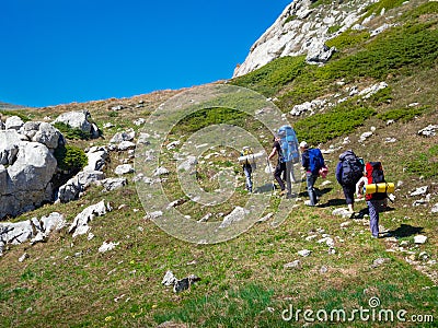 Hikers group trekking in Crimea Stock Photo