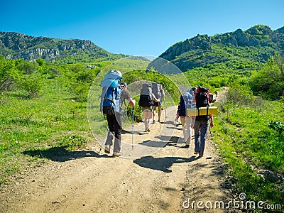 Hikers group trekking in Crimea Stock Photo