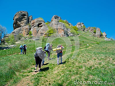 Hikers group trekking in Crimea Stock Photo