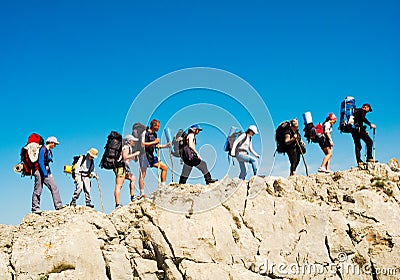 Hikers group trekking in Crimea Stock Photo
