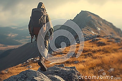 Hikers journey man with backpack traverses the mountains, capturing the essence Stock Photo