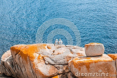 Hikers resting on huge orange boulders over vast blue ocean in Australia. Editorial Stock Photo