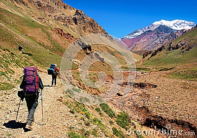 Hikers trekking in Andes in South America Stock Photo