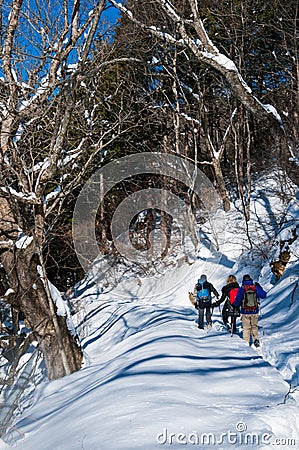 Hikers in winter on the Nakasendo Way, Japan. Editorial Stock Photo