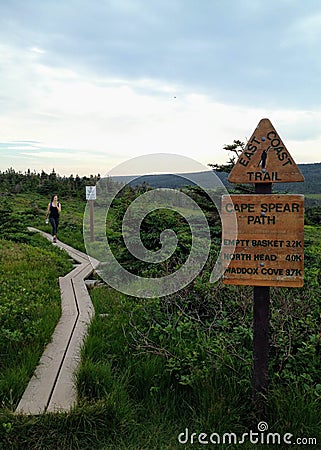 Hiking along the cape spear path section of the East Coast Trail Stock Photo