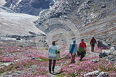 Hiking in the Altai mountains, amazing landscape of the valley of the mountain range. Group hiking, multi-day backpacking. Russia Editorial Stock Photo