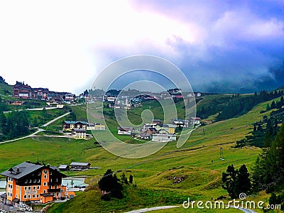 Hiking area. Austria. Landscape with a view of the village Editorial Stock Photo