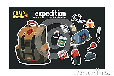 Hiking backpack and camping stickers Vector Illustration