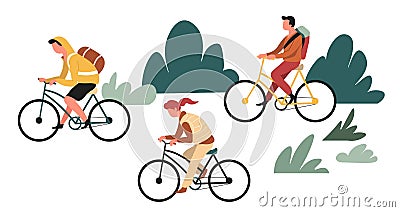 Hiking or backpacking outdoor activity family riding bicycles Vector Illustration