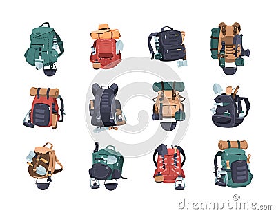 Hiking bags. Camping and travel rucksack for mountain hiking and expedition. Military adventure knapsack. Active outdoor Vector Illustration