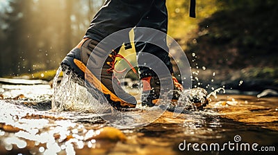 Hiking boot Crossing the stream. Legs on mountain trail during trekking in forest. Leather ankle shoes Stock Photo
