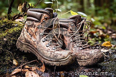 hiking boots stuck in thick mud, surrounded by nature Stock Photo