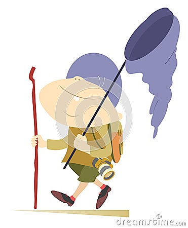 Hiking boy, rucksack, walking stick and butterfly net illustration Vector Illustration