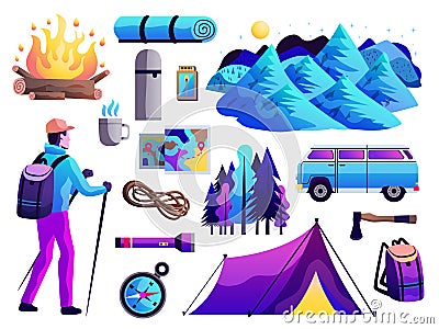 Hiking Camping Colorful Set Vector Illustration