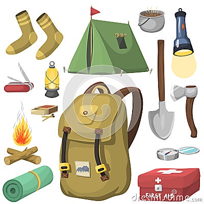 Hiking camping equipment base camp gear and accessories outdoor cartoon travel vector illustration. Vector Illustration