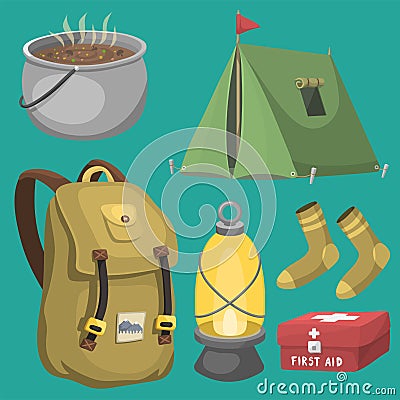 Hiking camping equipment base camp gear and accessories outdoor cartoon travel vector illustration. Vector Illustration