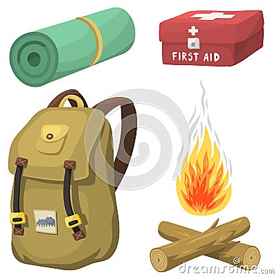 Hiking camping equipment base camp gear and accessories outdoor cartoon travel vector illustration. Vector Illustration