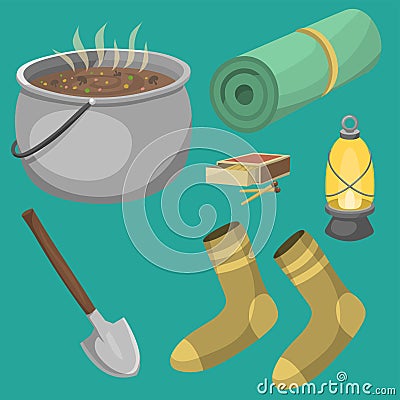 Hiking camping equipment base camp gear and accessories outdoor cartoon travel vector illustration. Vector Illustration