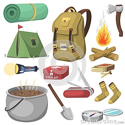 Hiking camping equipment base camp gear and accessories outdoor cartoon travel vector illustration. Vector Illustration