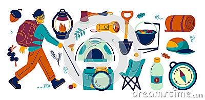 Hiking and camping equipment. Cartoon mountain trekking and campfire picnic tools, outdoor vacation and survival Vector Illustration