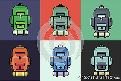 Hiking and camping equipment, in different colors. Collection of backpacks, rucksacks. Vector Illustration