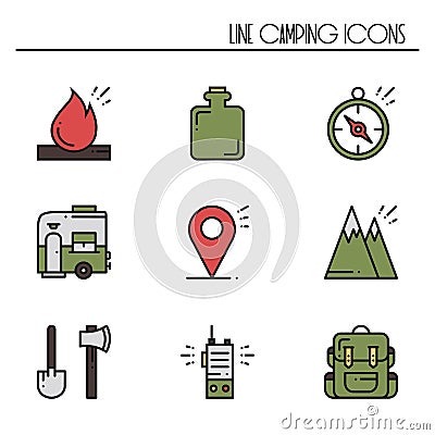 Hiking and Camping Line Icons Set. Outdoor Camp Sign and Symbol. Backpacking Adventure. Camping Stuff and Accessories. Vector Illustration