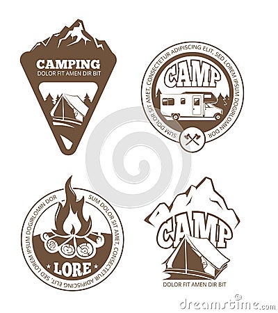 Hiking and camping retro vector labels, emblems, logos, badges Vector Illustration