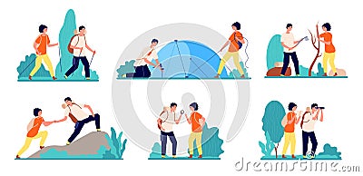 Hiking characters. People hike logging, travel with backpacks on nature. Summer camp adventures, adult standing on Vector Illustration