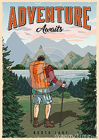 Hiking colorful vintage poster Vector Illustration