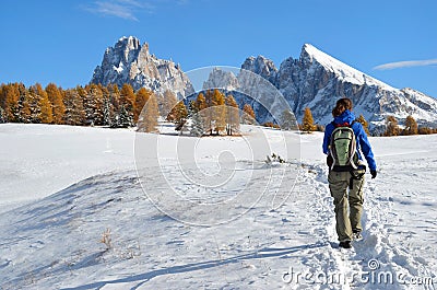 Hiking in the Dolomites in autumn Stock Photo