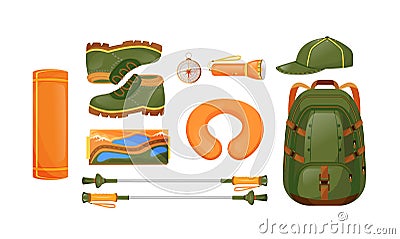 Hiking equipment flat color vector objects set Vector Illustration