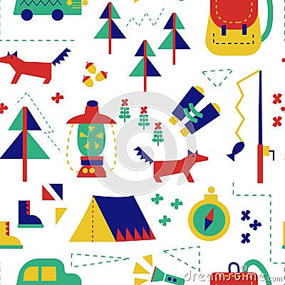 Hiking forest seamless pattern design for kids Vector Illustration