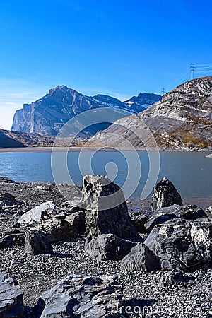 Hiking on the Gemmipass, with view of the Daubensee, Switzerland/Leukerbad Stock Photo