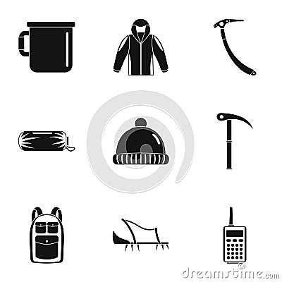 Hiking habiliment icons set, simple style Vector Illustration