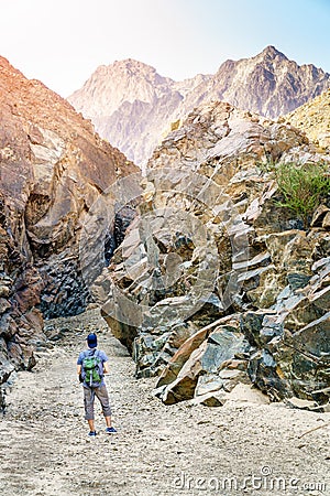 Hiking in Hajar Mountains in UAE Stock Photo